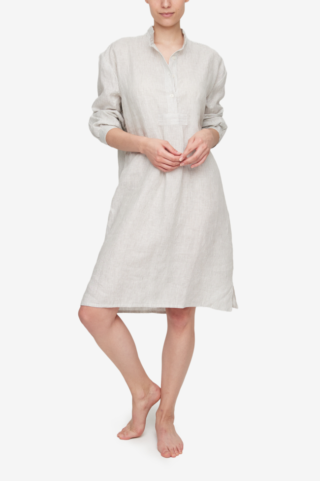 Long Sleep Shirt Brown Pinstripe Linen