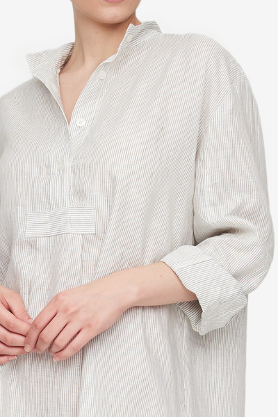 Short Sleep Shirt Brown Pinstripe Linen
