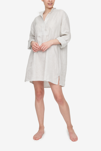 Short Sleep Shirt Brown Pinstripe Linen
