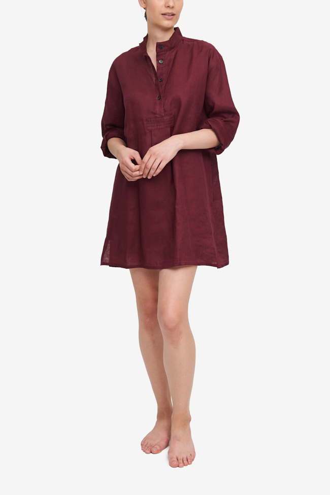 Oversized night shirt, long sleeves, hits above the knee. made from 100% linen in a red wine colour.