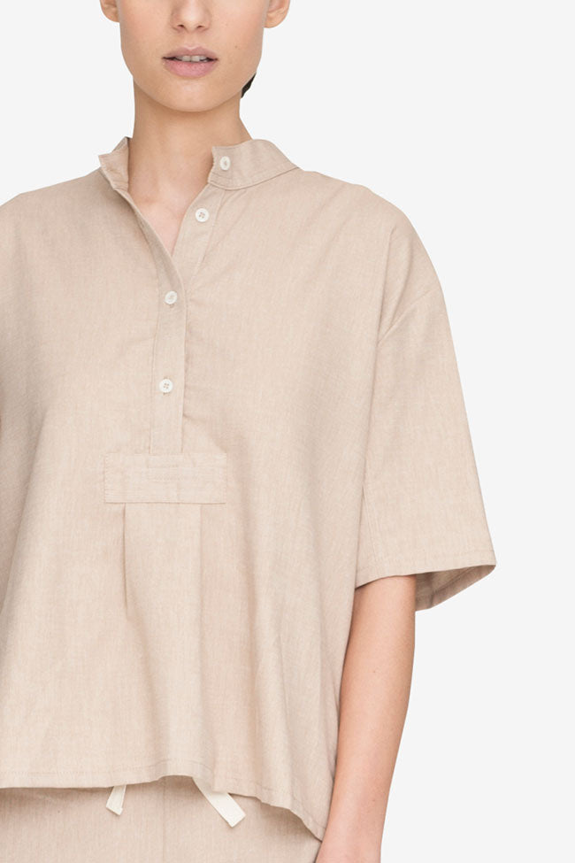 Short Sleeve Cropped Sleep Shirt Camel Twill