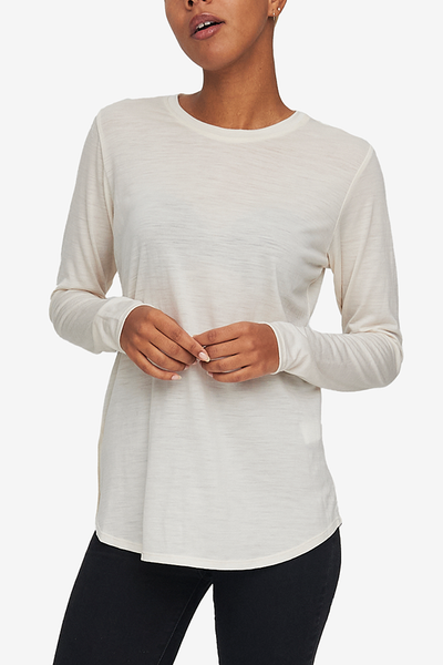 Long Sleeve Crew Neck T-Shirt Cream Merino Wool Jersey