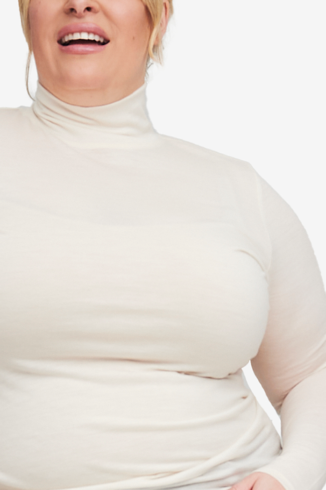 Long Sleeve Turtleneck T-Shirt Cream Merino Wool Jersey