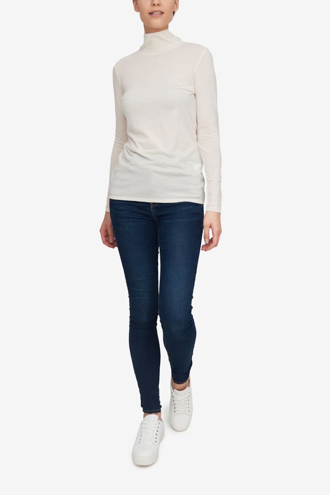 Long Sleeve Turtleneck T-Shirt Cream Merino Wool Jersey