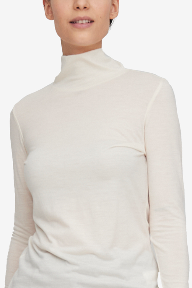 Long Sleeve Turtleneck T-Shirt Cream Merino Wool Jersey