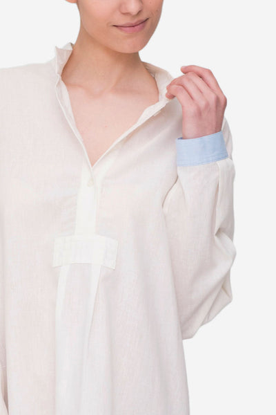 Short Sleep Shirt Cream with Blue Linen Blend Contrast