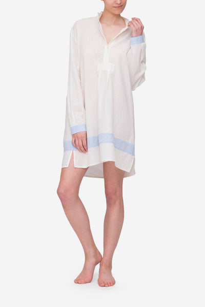 Short Sleep Shirt Cream with Blue Linen Blend Contrast