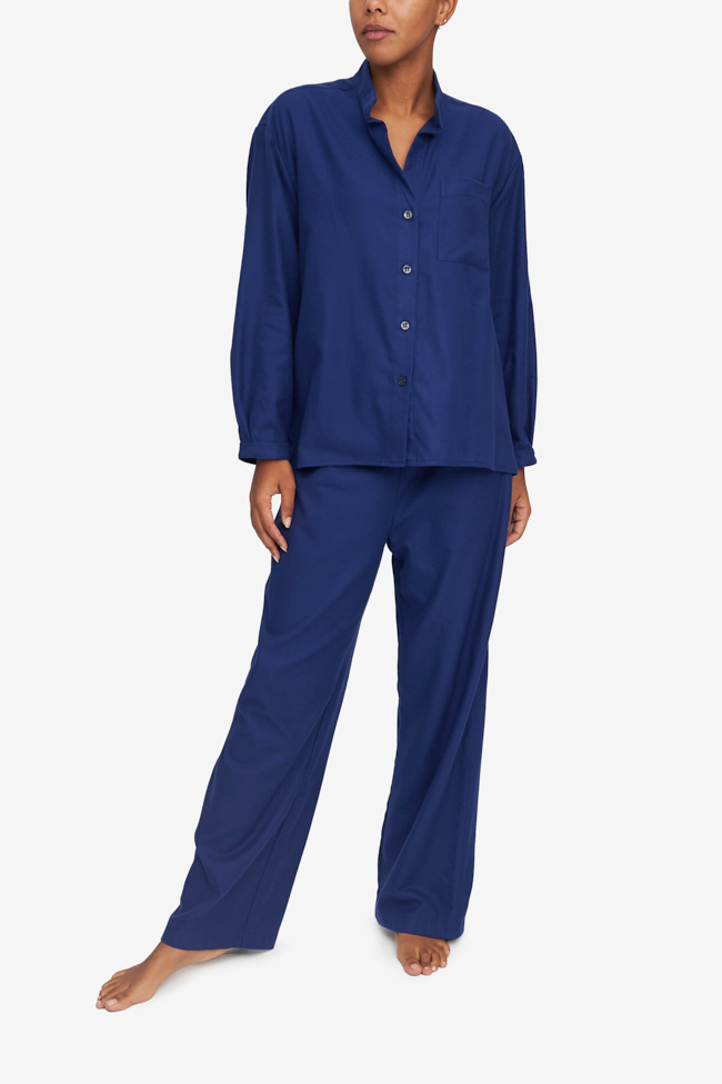 Luxury cotton flannel pyjama set in dark blue. Traditional long sleeve shirt and matching pants, made in canada.