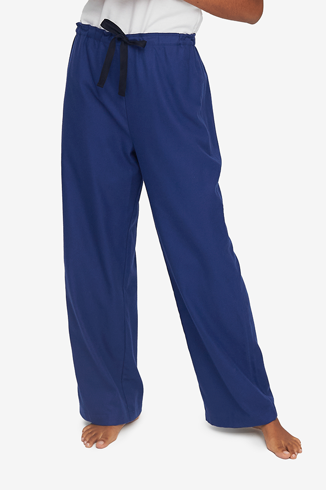 Best quality cotton flannel sleep wear and pyjamas, made in canada. A deep blue flannel with a drawstring waist and a wide leg. 