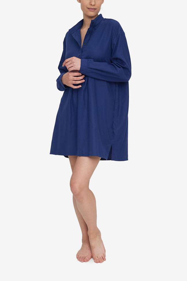Our favourite short length sleep shirt made from a dark blue cotton flannel. Long sleeves, with a neckline that's great for nursing.