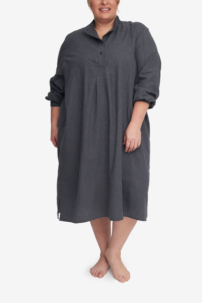Below-the-knee length traditional nightshirt pyjama in dark grey cotton shirting. X Plus extended size best-selling classic long sleep shirt.