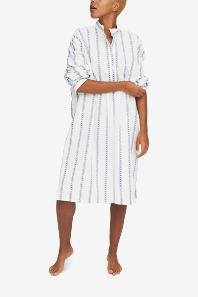 Long length Sleep Shirt, made in Canada. A unique blue and white vertical stripe, in 100% cotton. High-quality cotton sleepwear. 