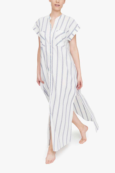 floor length long cotton nightdress in a high-quality 100% cotton shirting with vertical geometric blue stripes. 
