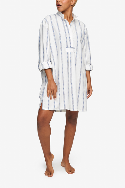 High collar, long sleeve classic nightshirt, above the knee length. In a vertical blue stripe on a white background, 100% cotton. above the knee.Long length Sleep Shirt, made in Canada. A unique blue and white vertical stripe, in 100% cotton. High-quality cotton sleepwear.