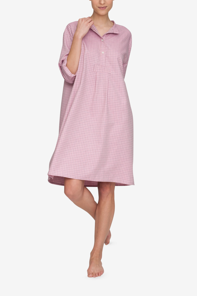 front view classic long sleep shirt dusty pink check cotton  by the Sleep Shirt