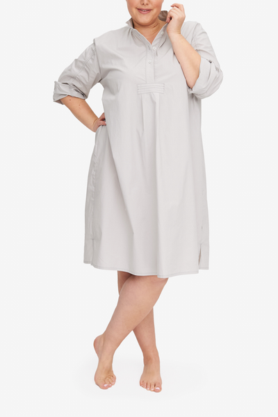 The Long Sleep Shirt in plus size in a subtle grey cotton shirting with a smooth, crisp texture. It should hit below the knee on most people, making it modest and luxurious.