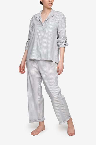 modest pyjama set in a grey and white striped cotton shirting. Lightweight, high-quality fabric, ideal for sleeping.
