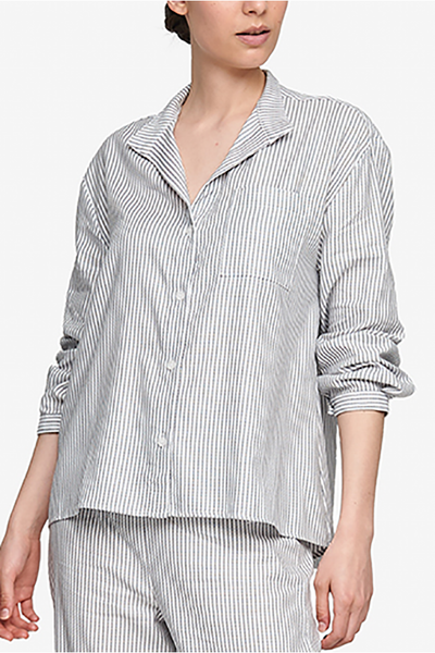 Luxury sleepwear made in canada. A light weight cotton shirt, great for sleeping and lounging. Grey chain-style stripe on white cotton. 