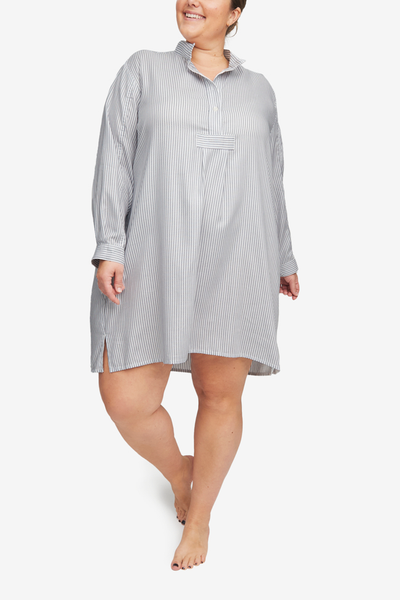 front view of the best-selling short sleep shirt, a lightweight white cotton shirting with a vertical chain-style grey stripe. Made in Canada by the Sleep Shirt, fits XL - 4XL.