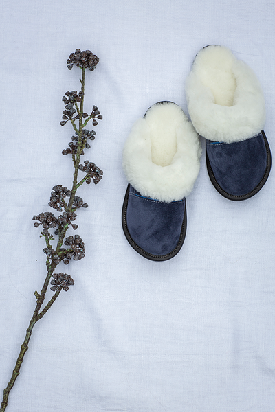 Sheepskin and Suede Slip On Slipper Navy