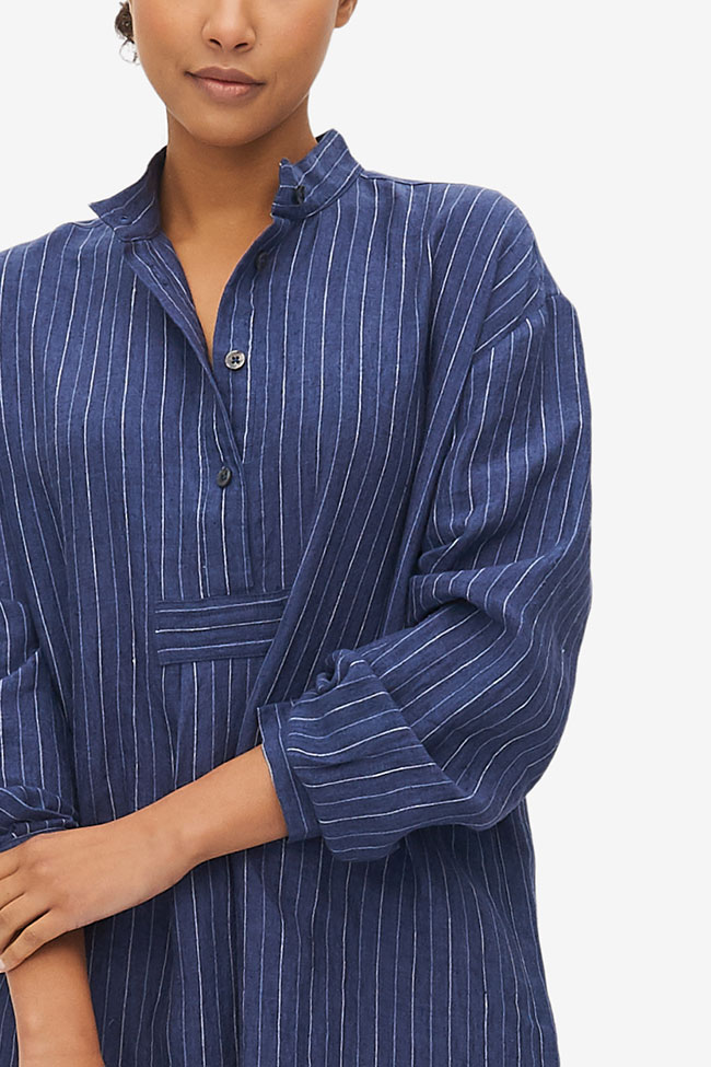 Short Sleep Shirt Indigo Linen Stripe