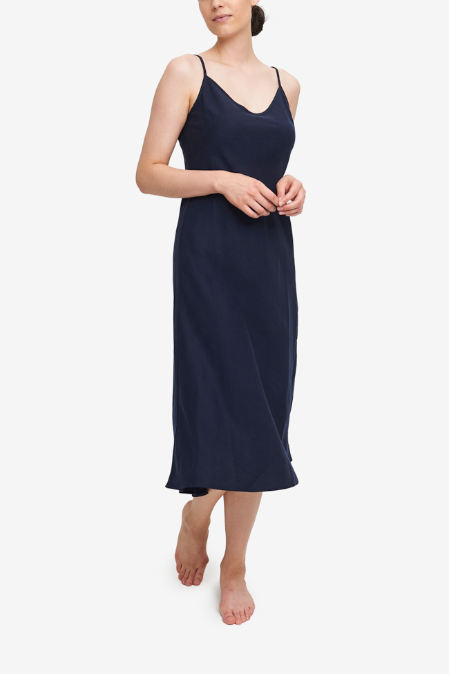 Spaghetti strap, bias cut slip dress. Deep indigo blue tencel fabric that feels silky and luxurious.