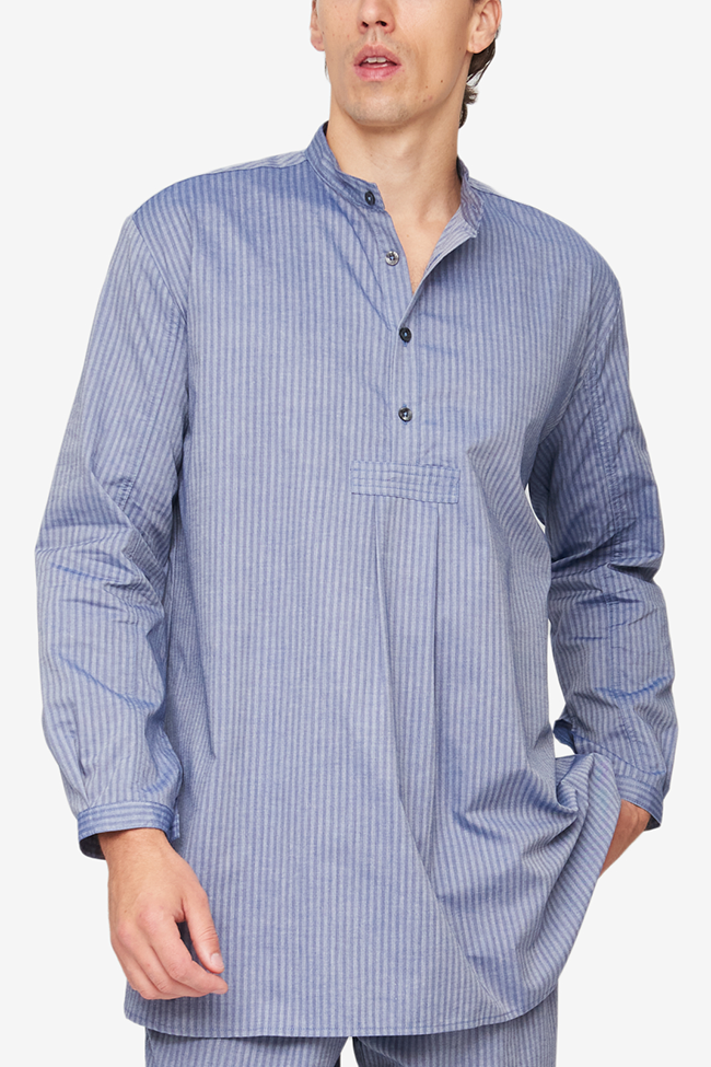 Men s Short Sleep Shirt Indigo Tonal Stripe Cotton The Sleep Shirt