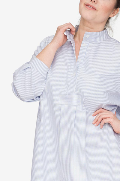 plus size classic long sleep shirt blue oxford stripe cotton by the Sleep Shirt