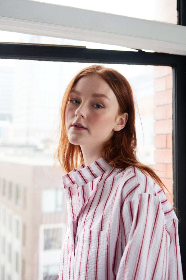 Set - Long Sleeve Shirt and Lounge Pant Red Seersucker Stripe