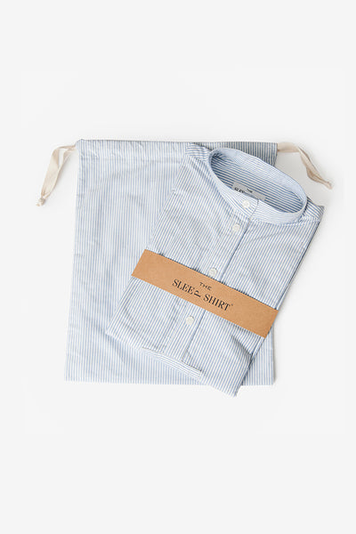 drawstring dust bag blue oxford stripe cotton by the Sleep Shirt