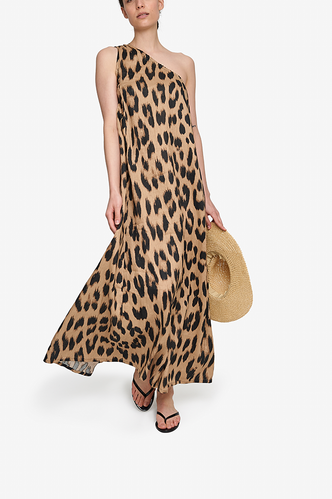 One Shoulder Kaftan Leopard Print Linen
