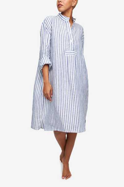 A longer version of the sleep shirt in a  vertical blue and white stripe. Luxury linen fabric that looks great and feels ever better.