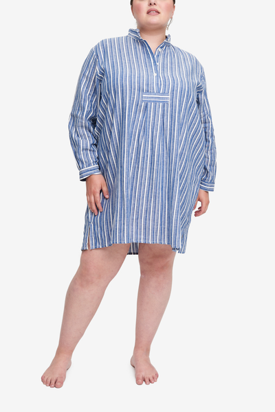 Luxury cotton linen sleepwear for women. Plus sized night shirt fits sizes XL to 3XL. Blue and white stripes.