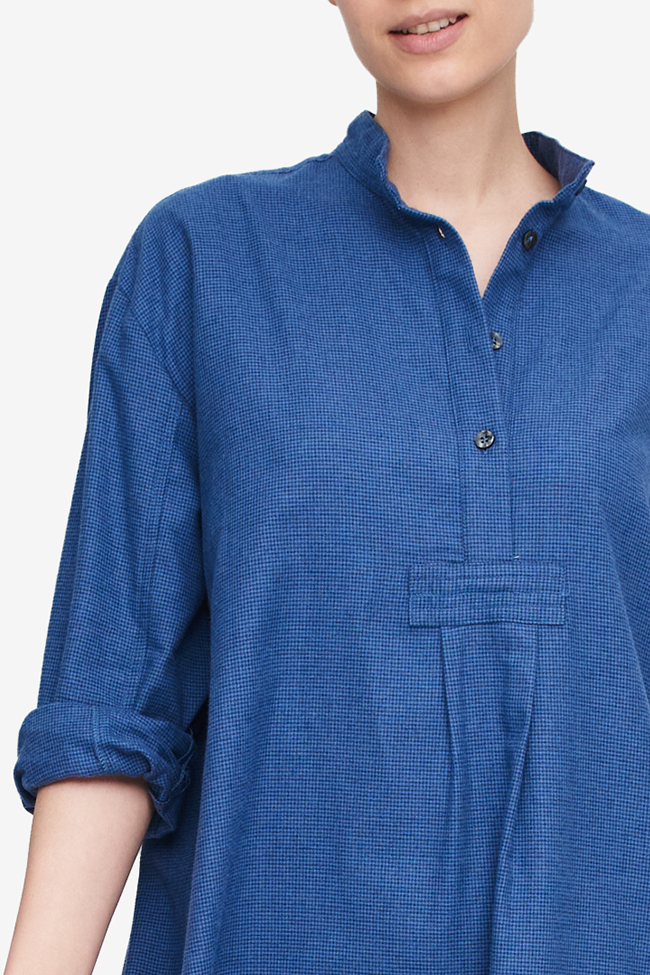Long Sleep Shirt Navy Houndstooth Flannel