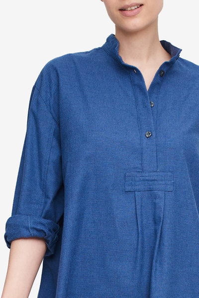Long Sleep Shirt Navy Houndstooth Flannel