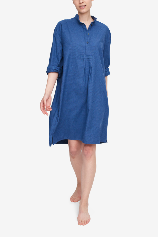A knee-length Sleep Shirt with long sleeves and  a three-quarter placket. A small hounsdstooth print in two tones of blue.