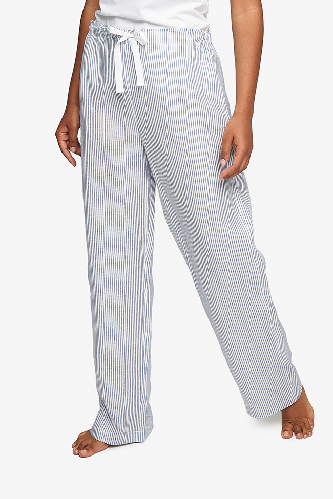 Set - Short Sleeve Cropped Sleep Shirt and Lounge Pant Navy Linen Stripe