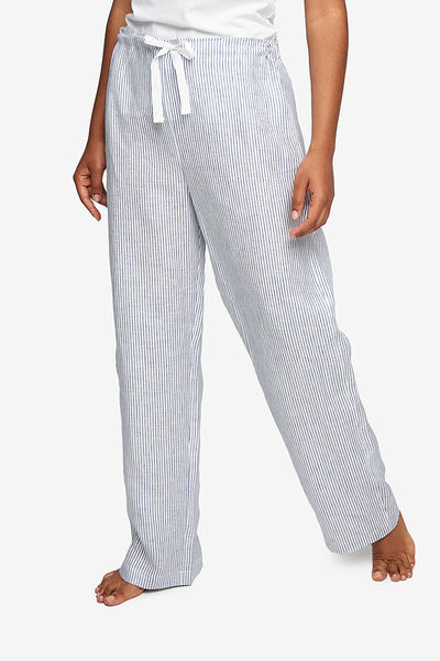 Linen pyjama pants, made in canada with long-lasting blue and white stripe linen. available in Plus and X Plus size extended sizes.