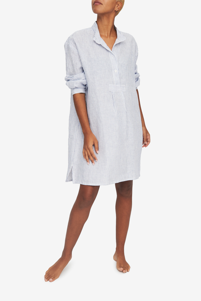 Short Sleep Shirt nightshirt chemise made in canada with long-lasting blue and white stripe linen. 