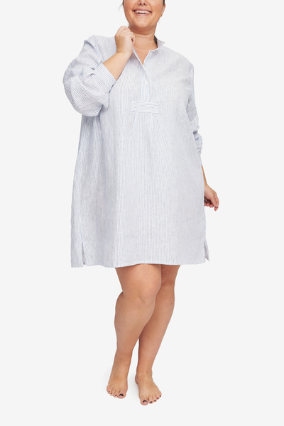 Short Sleep Shirt Navy Linen Stripe PLUS