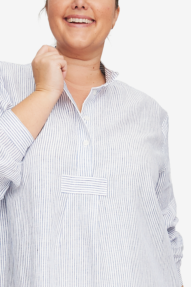 Short Sleep Shirt Navy Linen Stripe PLUS