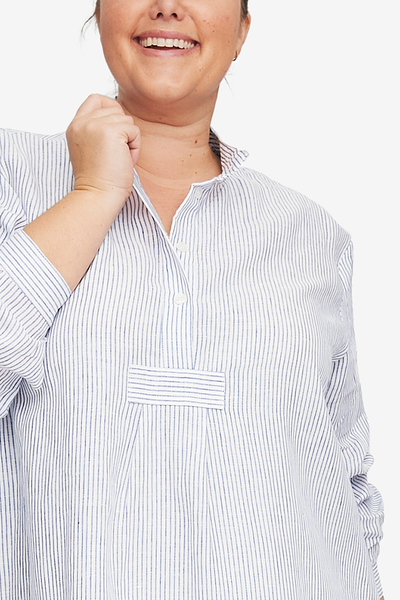Short Sleep Shirt Navy Linen Stripe PLUS