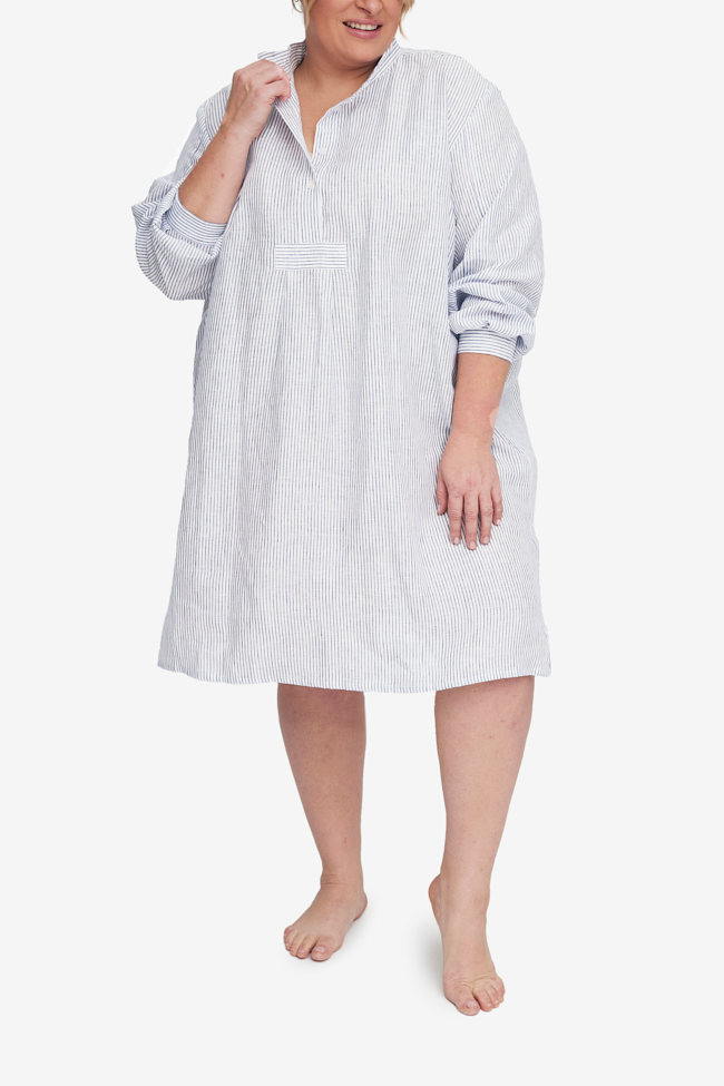 Short Sleep Shirt nightshirt chemise made in canada with long-lasting blue and white stripe linen. Plus and X Plus size extended sizes available.