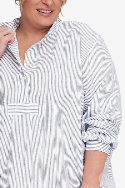Short Sleep Shirt Navy Linen Stripe PLUS