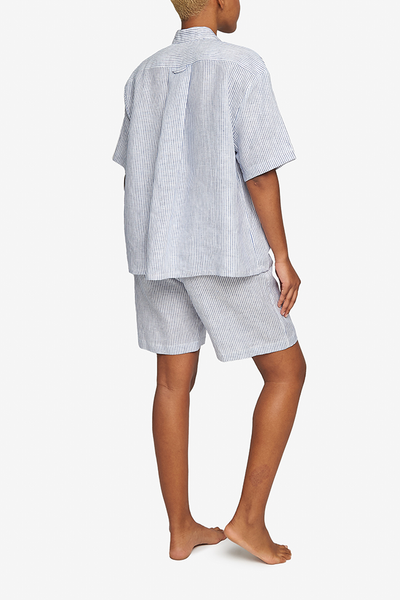 Short Sleeve Cropped Sleep Shirt Navy Linen Stripe