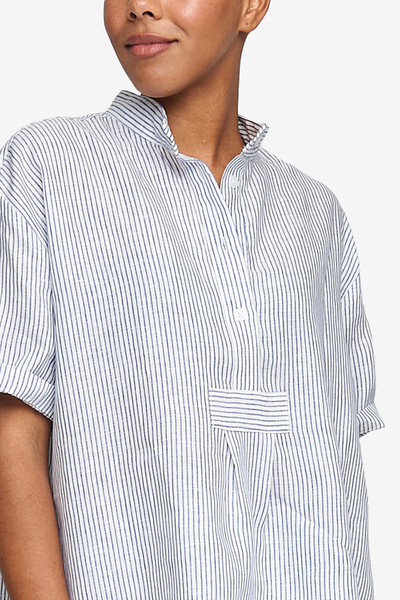 Short Sleeve Cropped Sleep Shirt Navy Linen Stripe
