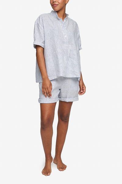 Short Sleeve Cropped Sleep Shirt Navy Linen Stripe