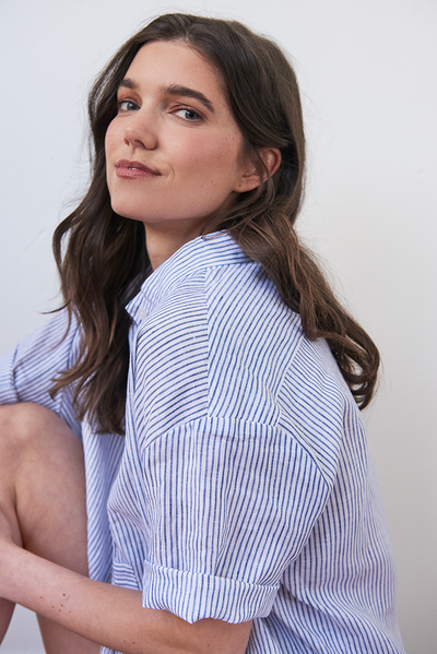 Short Sleeve Cropped Sleep Shirt Navy Linen Stripe