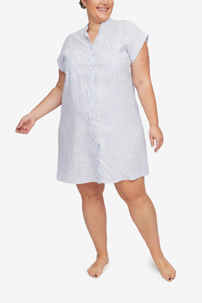 Two Pocket Sleep Shirt Navy Linen Stripe PLUS