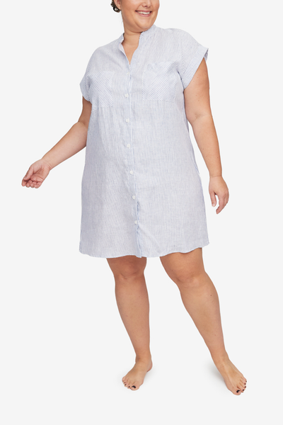 Two Pocket Sleep Shirt Navy Linen Stripe PLUS
